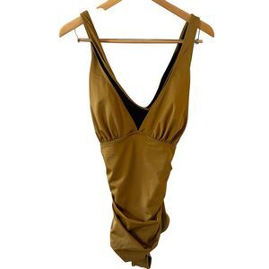 Shapellx Smart Sculpt Plunge Cutout XXL Ruched Front Shaping Swimsuit Gold Beach